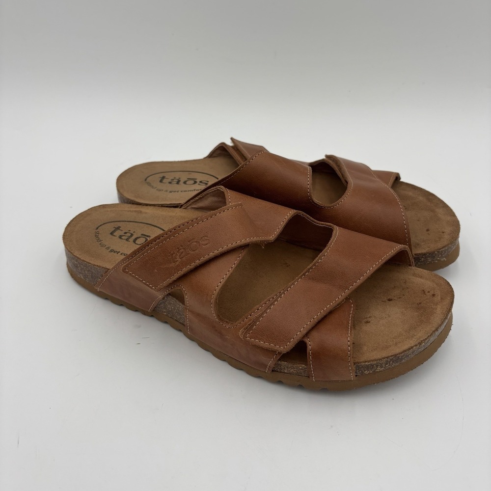 TAOS Casita Brown Leather Sandals Womens 8 Adjustable Comfort Slides